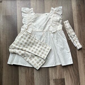 Toddler 3 piece set. White top with beige and white gingham pants and headband.